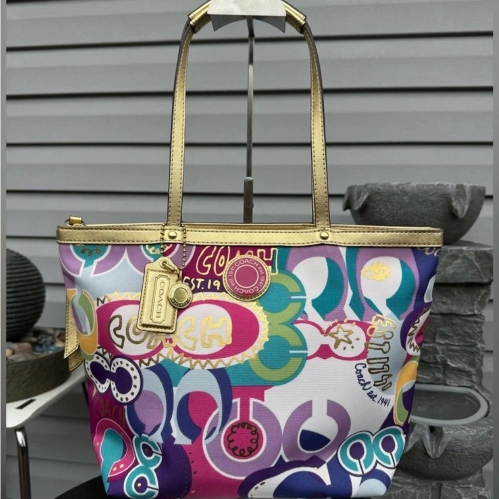 COACH POPPY Colorful Graphic Tote with Gold Handles! Limited Edition! - Picture 3 of 8